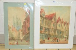 PAUL BRADDON (1864-1938), two watercolour paintings, the first of a continental street scene of