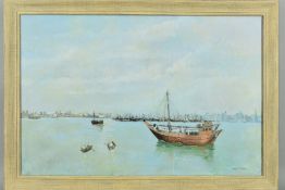 WENDY ROBSON, an oil on canvas painting of an Arab dhow boat approaching a distant harbour, signed