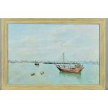 WENDY ROBSON, an oil on canvas painting of an Arab dhow boat approaching a distant harbour, signed