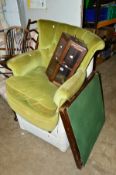 AN UPHOLSTERED EDWARDIAN ARMCHAIR, a small corner display unit and a folding bridge table (3)