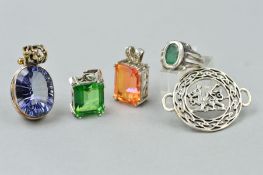 THREE GEM PENDANTS, A RING AND A PANEL, the two rectangular pendants set with coated quartz,