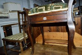 A VICTORIAN MAHOGANY PIANO STOOL, an Edwardian elbow chair and modern cot (3)