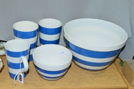 FIVE PIECES OF GREEN & CO LTD BLUE AND WHITE CORNISH WARE, to include mug, two beakers and two