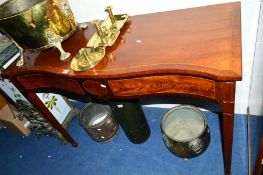 A REPRODUCTION MAHOGANY AND INLAID SERPENTINE HALL TABLE, with two drawers, approximate size width