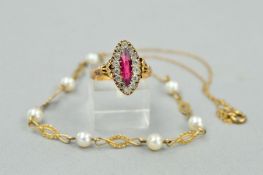 A 9CT GOLD EDWARDIAN RING AND A NECKLACE, the ring designed as a navette-shape red paste within a