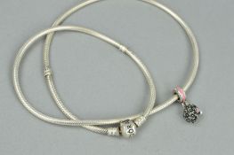 A PANDORA CHARM NECKLACE, suspending a pink enamel flower bouquet charm, stamped S925, with maker'