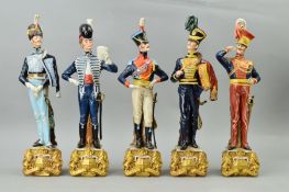 FIVE CAPODIMONTE BRUNO-MERLI PORCELAIN SOLDIERS, '1793', two '1815', '1820' and '1833', height of