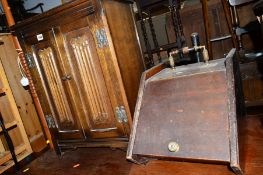 AN OLD CHARM OAK TWO DOOR CABINET, a mahogany purdonium (sd) and a clothes airer (3)