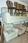 A PALE GREEN LEATHER TWO PIECE LOUNGE SUITE