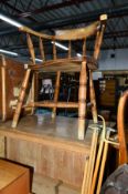 AN EARLY 20TH CENTURY OAK SMOKERS CHAIR, (sd), together with a quantity of snooker cue's and