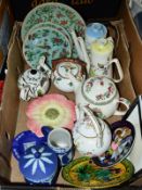 A BOX OF 19TH AND 20TH CENTURY CERAMICS, including a Royal Worcester tea pot, Wedgwood jasperware,
