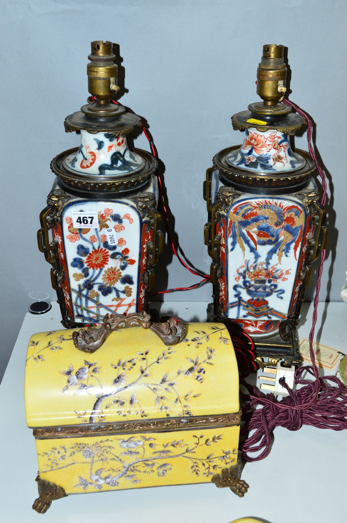 A PAIR OF 19TH CENTURY/LATER CONVERTED TABLE LAMPS, with removable brassed/porcelain reservoirs,