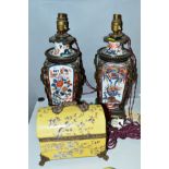 A PAIR OF 19TH CENTURY/LATER CONVERTED TABLE LAMPS, with removable brassed/porcelain reservoirs,