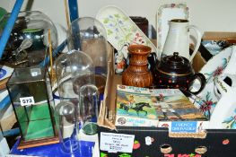 FIVE MODERN GLASS DISPLAY CASES/DOMES, a box of ceramics, two unmade Airfix models of 1815 soldiers,