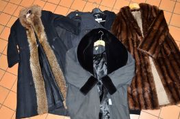 A LONG BROWN FUR COAT, a fur trim coat, 'Aquasutum of London' made especially for Wonberg, Zurich, a