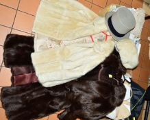 A WHITE FUR JACKET AND MATCHING HAT, 'Faulkes, Edgbaston' label, a long brown fur coat, an Austin