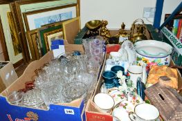 THREE BOXES AND LOOSE GLASSWARE, CERAMICS, BRASSWARE, and assorted colour prints