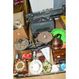 A BOX AND LOOSE METALWARES, CERAMICS, SUNDRIES, TINS, etc, including a boxed advertising reel of J &