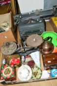 A BOX AND LOOSE METALWARES, CERAMICS, SUNDRIES, TINS, etc, including a boxed advertising reel of J &