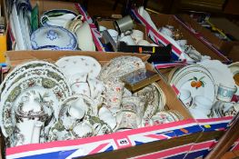 FIVE BOXES OF CERAMICS ETC, to include Royal Commemmoratives (Burleigh Ware Laura Knight, Masons