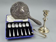 A PAIR OF GEORGE V SILVER SUGAR TONGS, Sheffield 1928, a silver candlestick, loaded base, marks