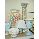 A LARGE CAPODIMONTE TWIN HANDLED URN, together with a jardiniere stand, a small table lamp, two blue