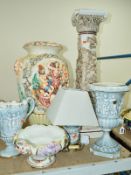 A LARGE CAPODIMONTE TWIN HANDLED URN, together with a jardiniere stand, a small table lamp, two blue