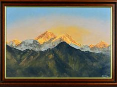 DEWANI?, an oil on canvas painting of Mount Everest with the sun glinting off the peaks, the