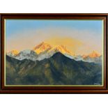 DEWANI?, an oil on canvas painting of Mount Everest with the sun glinting off the peaks, the