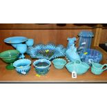 A COLLECTION OF SOWERBY STYLE GLASS ETC, to include a folded basket, a hobnail wash bowl and jug,