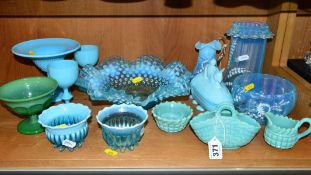 A COLLECTION OF SOWERBY STYLE GLASS ETC, to include a folded basket, a hobnail wash bowl and jug,