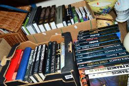 THREE BOXES OF BOOKS INCLUDING DICK FRANCIS NOVELS, National Geographic reference books, etc