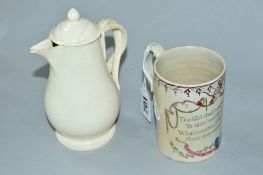 A LATE 18TH CENTURY PEARLWARE MUG, plain cylindrical shape, printed and painted, bears verse 'The