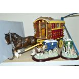A WOODEN MODEL OF A HORSE DRAWN GYPSY CARAVAN, with Melba Ware horse, together with two Leonardo