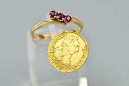 A RUBY RING AND A COIN, the ring of cross-over design, claw set with three circular rubies,