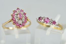 TWO 9CT GOLD RUBY AND DIAMOND DRESS RINGS, one marquise shaped cluster ring, ring size P1/2,