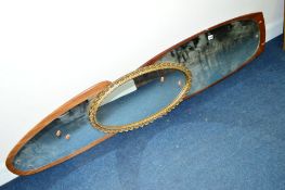 TWO VARIOUS SHAPED TEAK FRAMED WALL MIRRORS, and a gilt mirror (3)