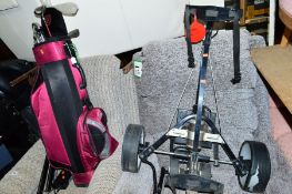 A HAROLD BIRD GOLF BAG, with electric trolley and clubs