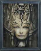 H.R.GIGER (SWISS 1940-2014), 'Li II' a print on fabric of an alien queen figure, signed dedication