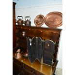 A QUANTITY OF COPPER, to include two kettles, plates, warming pan and a brass firescreen, etc (8)