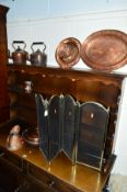A QUANTITY OF COPPER, to include two kettles, plates, warming pan and a brass firescreen, etc (8)