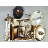 A BOX OF SILVER PLATE, to include three entree dishes and covers, an oak cased incomplete set of