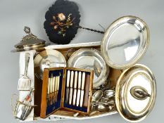 A BOX OF SILVER PLATE, to include three entree dishes and covers, an oak cased incomplete set of