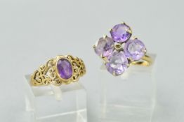 TWO AMETHYST RINGS, the first designed as an oval amethyst within a collet setting to the tapered
