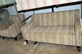 A MODERN TWO SEATER SOFA, and matching armchair with striped upholstery