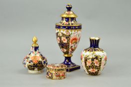 FOUR PIECES OF ROYAL CROWN DERBY IMARI, to include '6299' pattern covered urn, approximate height
