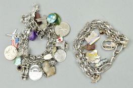 TWO CHARM BRACELETS, each designed as fancy link bracelets, the first suspending ten charms, to