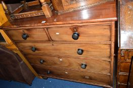 AN EARLY VICTORIAN MAHOGANY CHEST, of two short and three long drawers with turned handles,