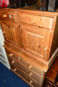 A PINE CHEST, of two short and two long drawers, together with a pair of bedside cabinets (3)