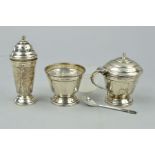 A GEORGE VI SILVER THREE PIECE CONDIMENT SET OF CONICAL FORM, mustard and salt with clear glass